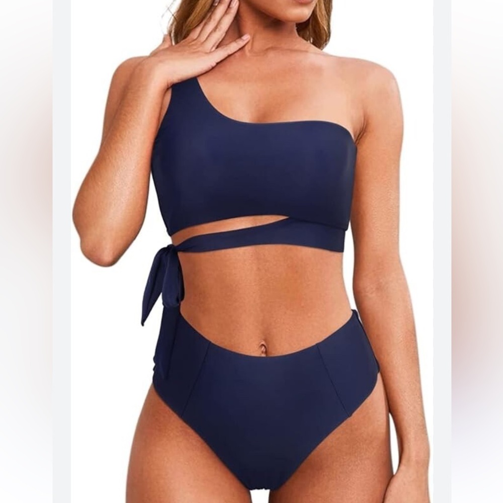 Women Wrap Halter Bikini Set High Waisted Two Piece Navy Swimsuits NWOT Size M